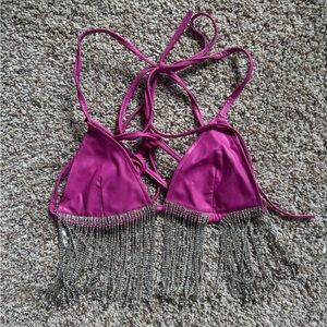 Hot & Delicious Fuchsia Bikini Top with Metallic Fringe